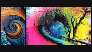 Deux tableaux côte à côte : Spirale colorée multicolore et Arbre coloré explosion