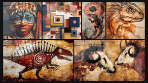 Mozaïek van zes schilderijen, waaronder Vrouw Levend Geheugen en Abstract geometrische compositie