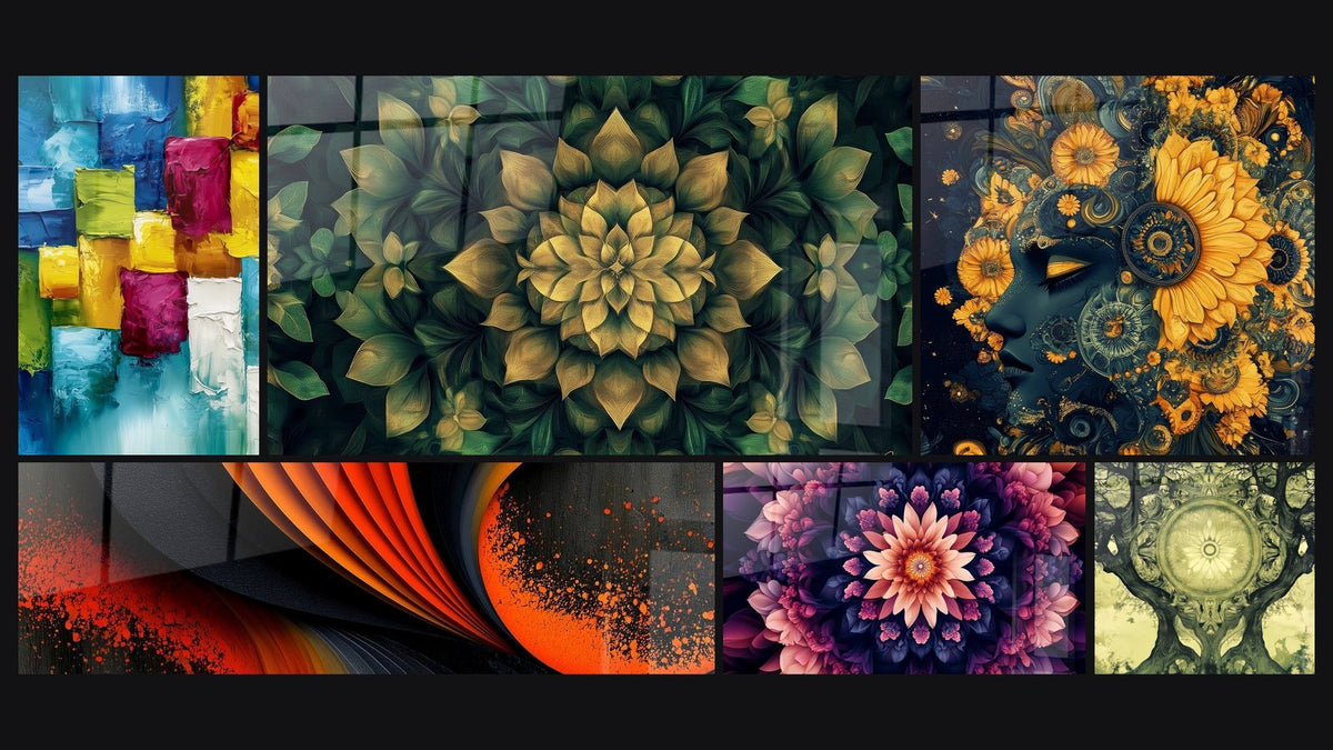 Mosaik aus sechs Gemälden, darunter Mosaik Blau und Magenta mit Spachtel und Orange und Anthrazit Wellenfalte