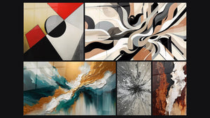 Mosaico de cinco cuadros, entre ellos Formas geométricas de colores, Vibraciones Gráficas y Luz de las Profundidades