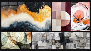 Mosaico de cinco cuadros, entre ellos Marea Eterna Dorada, Espiral Blanca y Coral con Rayas Negras y Los Lazos Invisibles