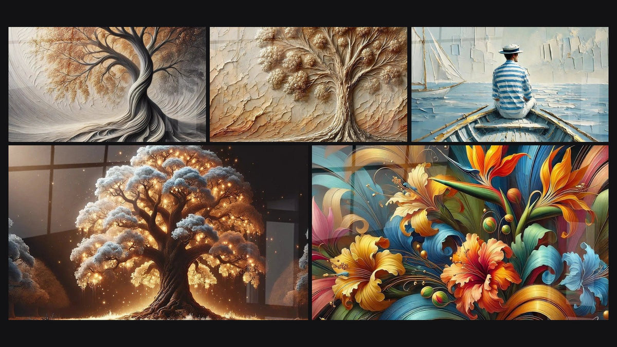 Mosaic of five paintings, including Breath of Earth, Night Tree and Ancient Tree