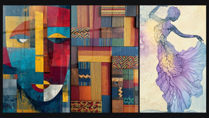 Mozaïek van drie schilderijen, waaronder Millennial Heritage Gezicht en Patchwork textiel