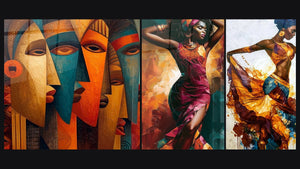 Mosaico de tres cuadros, entre ellos Máscaras Africanas Abstractas y Bailarina vestido burdeos y fondo ocre