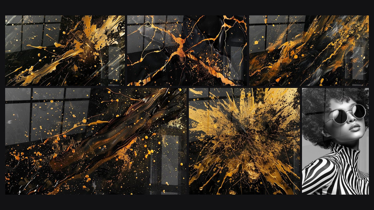 Mosaico di sei quadri, tra cui Fratture Dorate su Fondo Nero e Movimenti Fluidi Dorati su Fondo Scuro