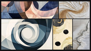 Mosaico de cinco cuadros, entre ellos Fusión Arcos Gráciles Terracota, Vortex Azul y Equilibrio Esfera Negra