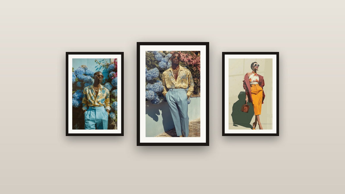 Gallery wall with three framed paintings, including Parisian Fashion and Of Round Gold Glasses, Yellow and Sky Blue