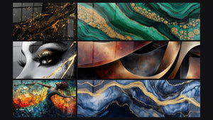 Mosaic of six paintings, including Golden Tear Eye, Dance Fire Liberation Red and Liquid Marble Eternity Blue
