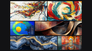 Mosaic of six paintings, including Modern Muse, Cosmic colorful spiral and Liquid Marble Eternity Blue