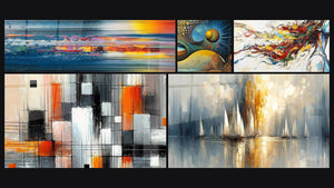 Mosaic of five paintings, including Abstract landscape, Mystic cosmos and Mechanics of Colors