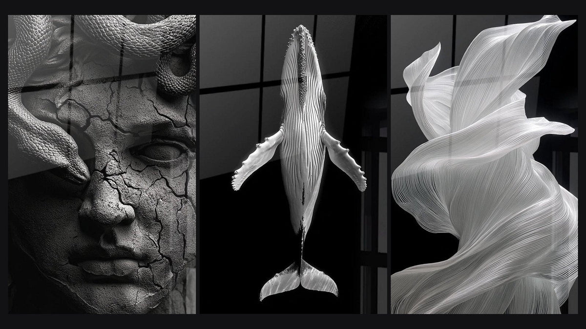 Mosaico de tres cuadros: Mujer serpiente mitológica, Ballena Jorobada y Tela Fluida