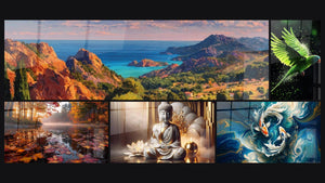 Mosaïque de cinq tableaux, dont Côte méditerranéenne, Lac d'automne brumeux et Paix Marbrée