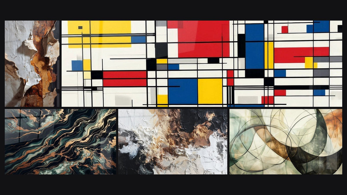 Mosaïque de cinq tableaux, dont Flux Aurifère, Composition géométrique et Abstrait texturé blanc noir bronze