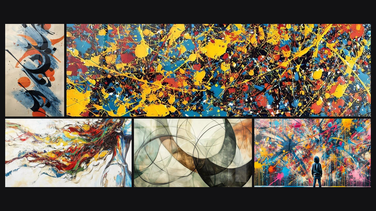 Mosaic of five paintings, including Abstract composition, Multicolor splashes and Modern Muse