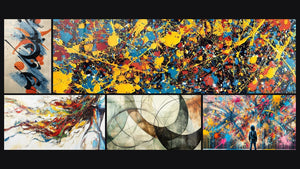 Mozaïek van vijf schilderijen, waaronder Abstracte compositie, Met veelkleurige spetters en Moderne Muurschildering