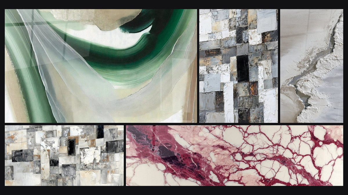 Mosaïque de cinq tableaux, dont Soie d'Émeraude, Mosaïque Abstraite Gris et Blanc et Abstrait Mosaïque Grise et Beige