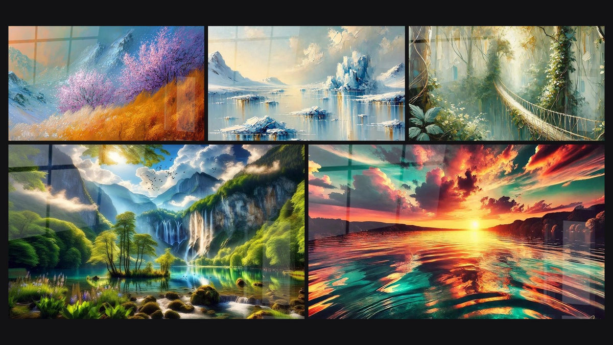Mosaïque de cinq tableaux, dont Paysage montagnard cerisiers en fleurs, Éden Vert aux Mille Cascades et Silence de l’Océan