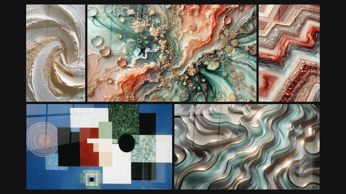 Mosaico de cinco cuadros, entre ellos Sueño Coralino, Composición Geométrica Orden Racional y Curvas Etéreas