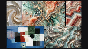 Mozaïek van vijf schilderijen, waaronder Spiraal goud-wit reliëf textuur en Koraaldroom