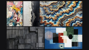 Mosaico de cinco cuadros, entre ellos Explosión de colores, Textura Agrietada Blanco y Negro y Marea Dorada