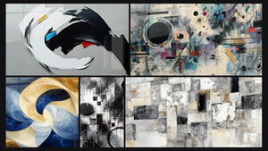 Mozaïek van vijf schilderijen, waaronder Abstract dynamisch, Goddelijke Adem Wit en Abstract geometrische compositie