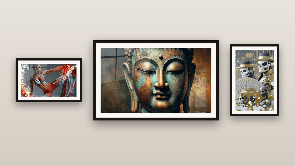 Gallery wall with three framed paintings, including Deep Peace
