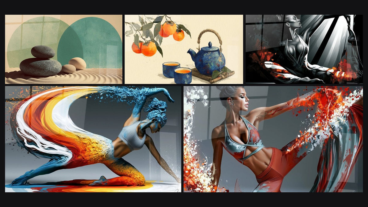 Mosaico de cinco cuadros, entre ellos Tetera azul y naranjas sobre rama y Yogini fusionando colores azul y naranja