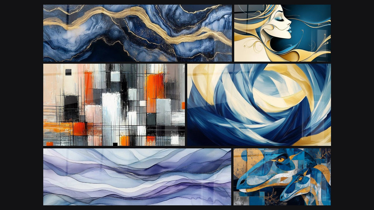 Mosaïque de six tableaux, dont Marbre Liquide Éternité Bleu, Mécanique des couleurs et Mouvement Perpétuel