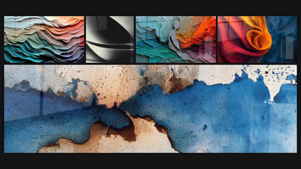 Mosaico di cinque quadri, tra cui Di onde fluide, Astratto blu e beige e Sfera astratta di