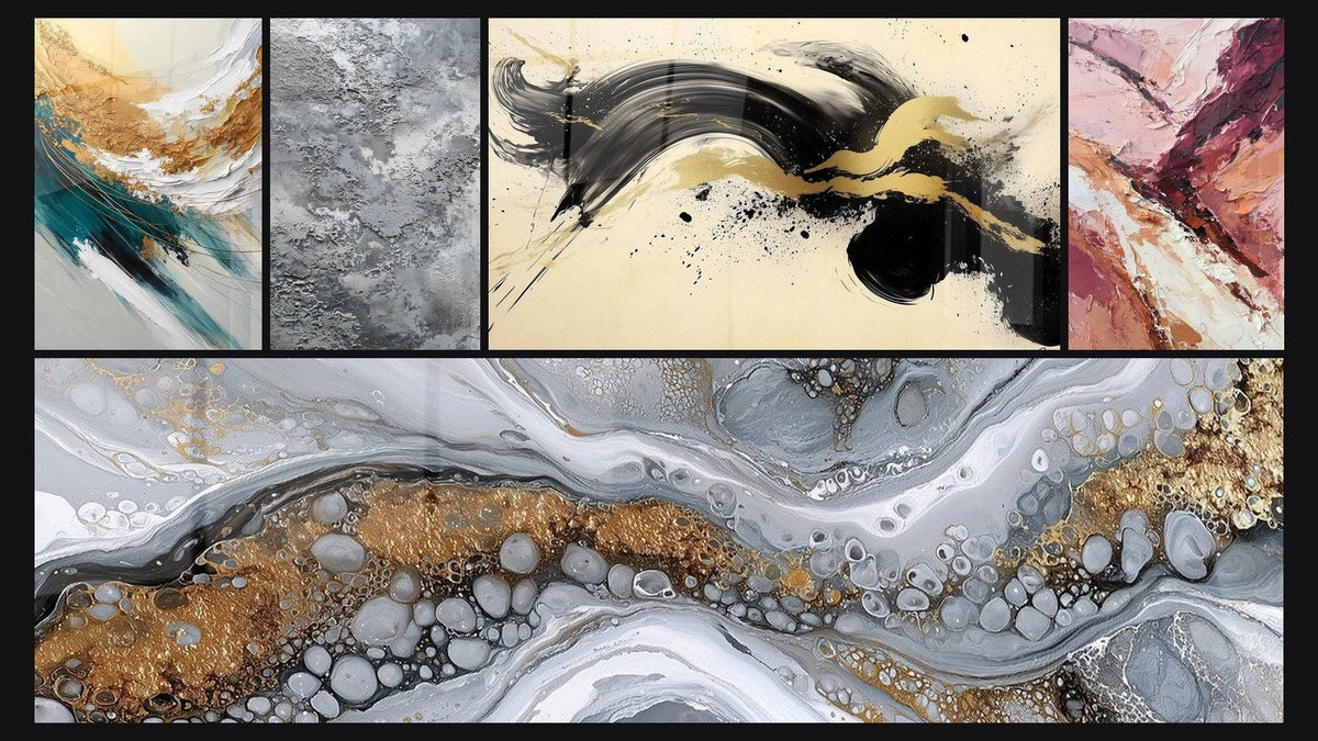 Mosaic of five paintings, including Golden Crest and Foam and Passionate Momentum Black