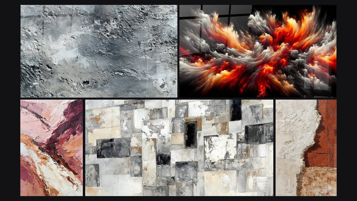 Mosaico di cinque quadri, tra cui Astratto grigio argentato testurizzato e Tempesta Solare Abissale