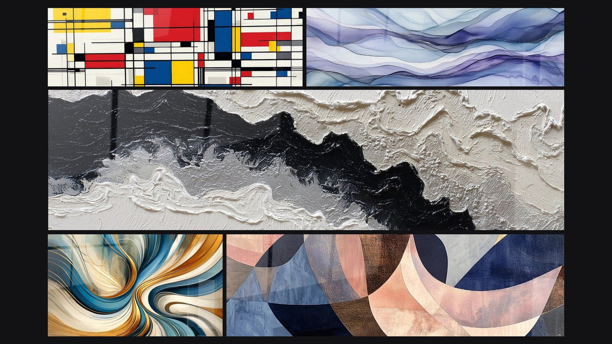 Mosaico di cinque quadri, tra cui Composizione geometrica di, Drappi Onirici Pervinca e Spirali Eleganti