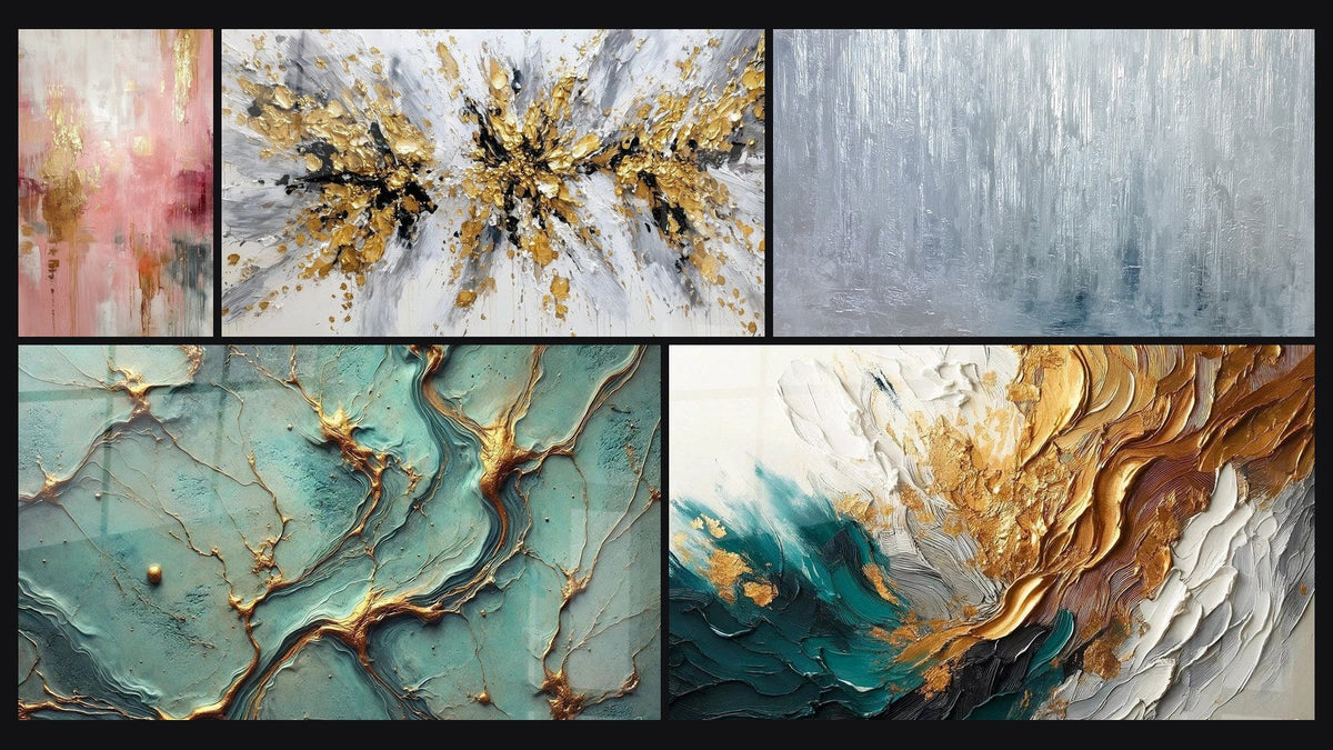 Mosaïque de cinq tableaux, dont Rivières d’Or, Explosion dorée et grise sur fond blanc et Trace en Or et Jade