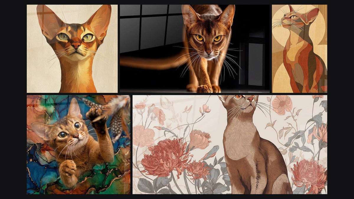 Mosaïque de cinq tableaux, dont Chat Abyssin Portrait Artistique, Chat Abyssin Cuisine et Chat Abyssin Art Déco