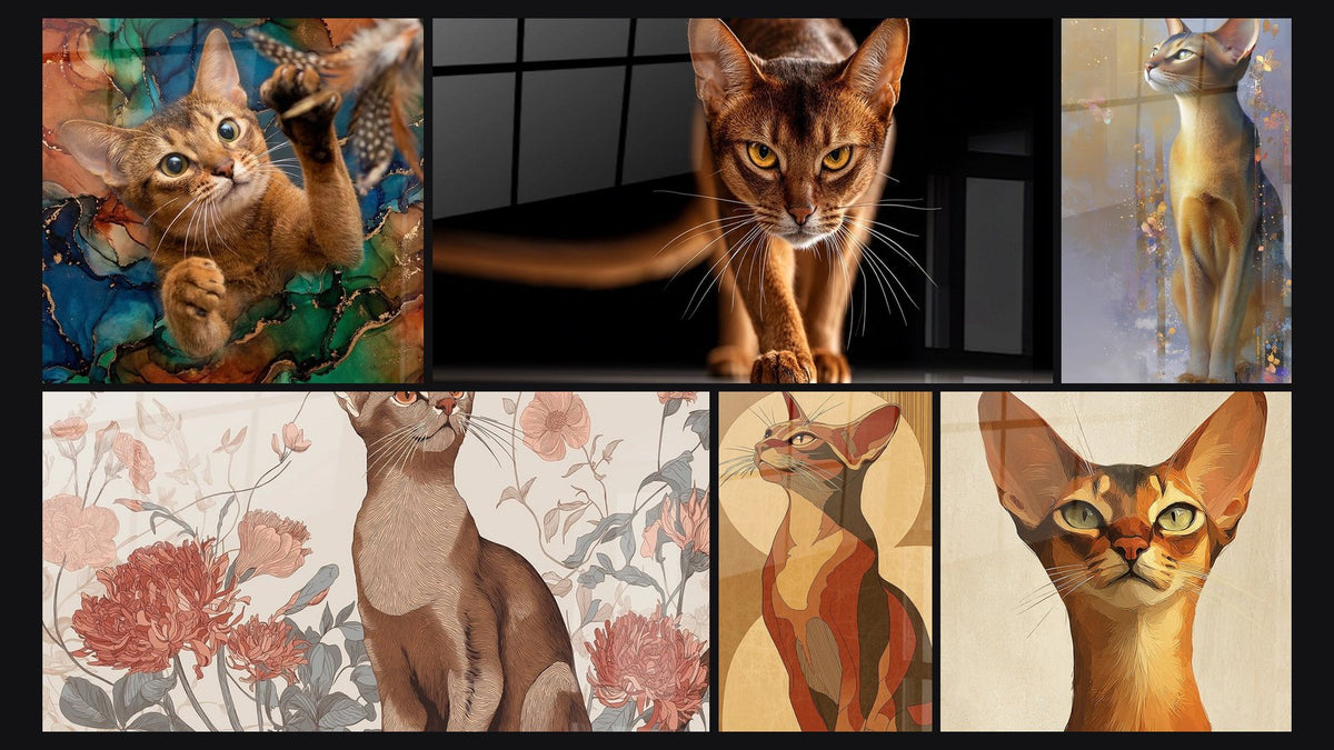 Mosaik aus sechs Gemälden, darunter Abyssiner Katze Playful und Abyssiner Katze im blühenden Garten