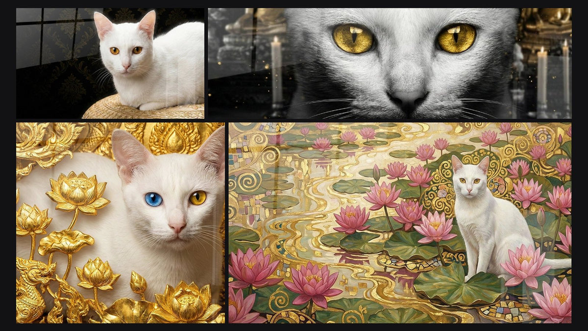 Mosaik aus vier Gemälden, darunter Weiße Katze mit Goldenen Augen und Katzentafel Khao Manee goldene Augen