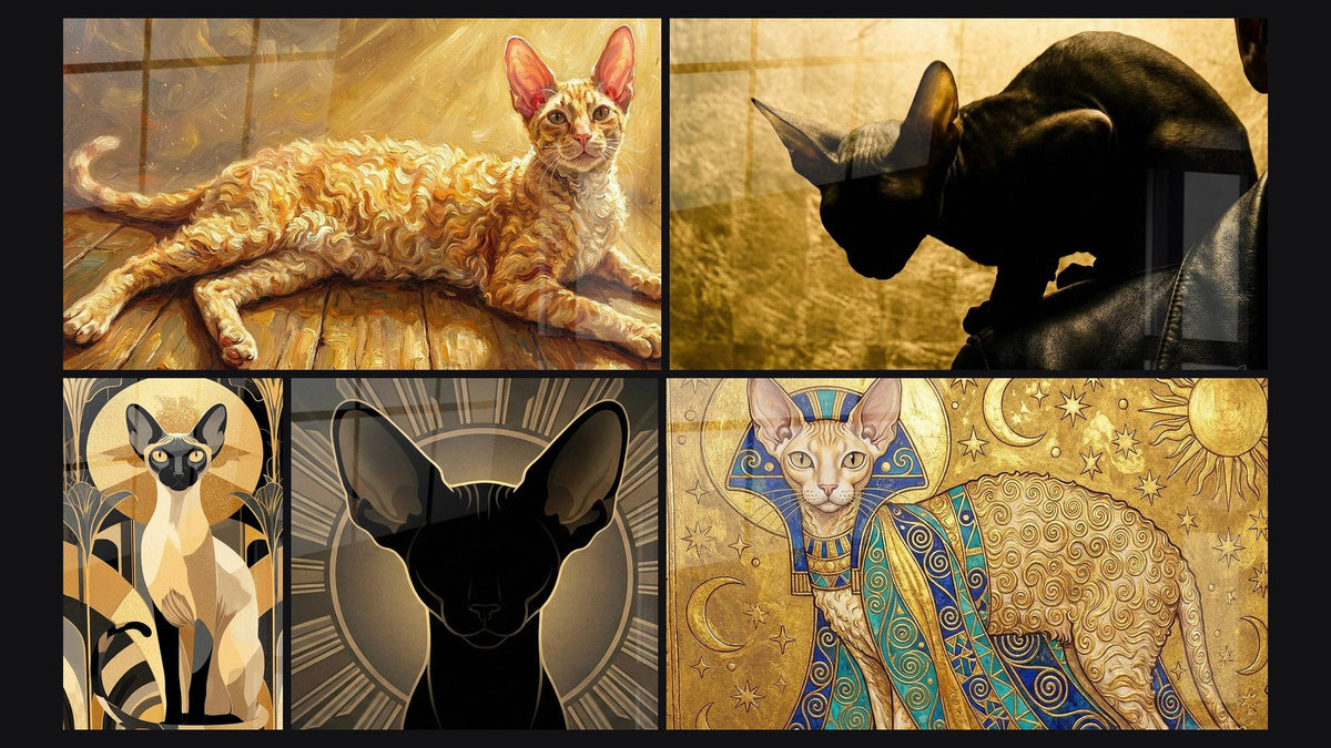 Mozaïek van vijf schilderijen, waaronder Siamese Kat Art Deco, Zwarte Kat Art Deco en Kat Cornish Rex Egyptische Farao