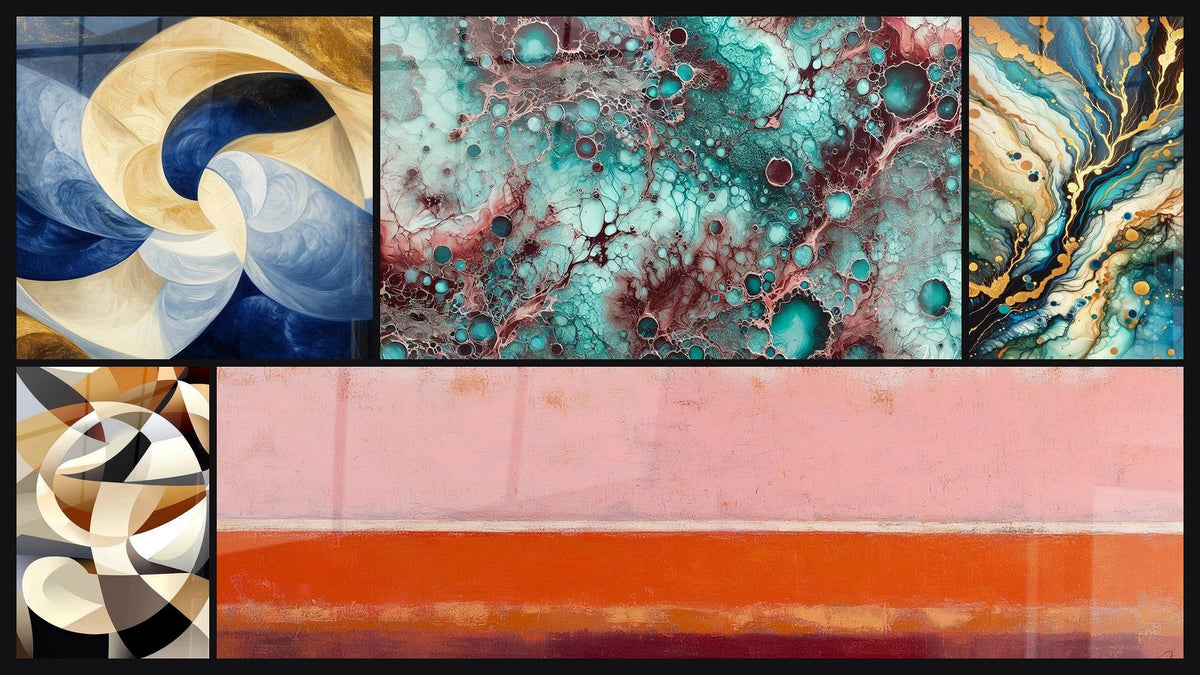Mosaïque de cinq tableaux, dont Souffle Divin Blanc, Essence de Grenat et Labyrinthe Minéral