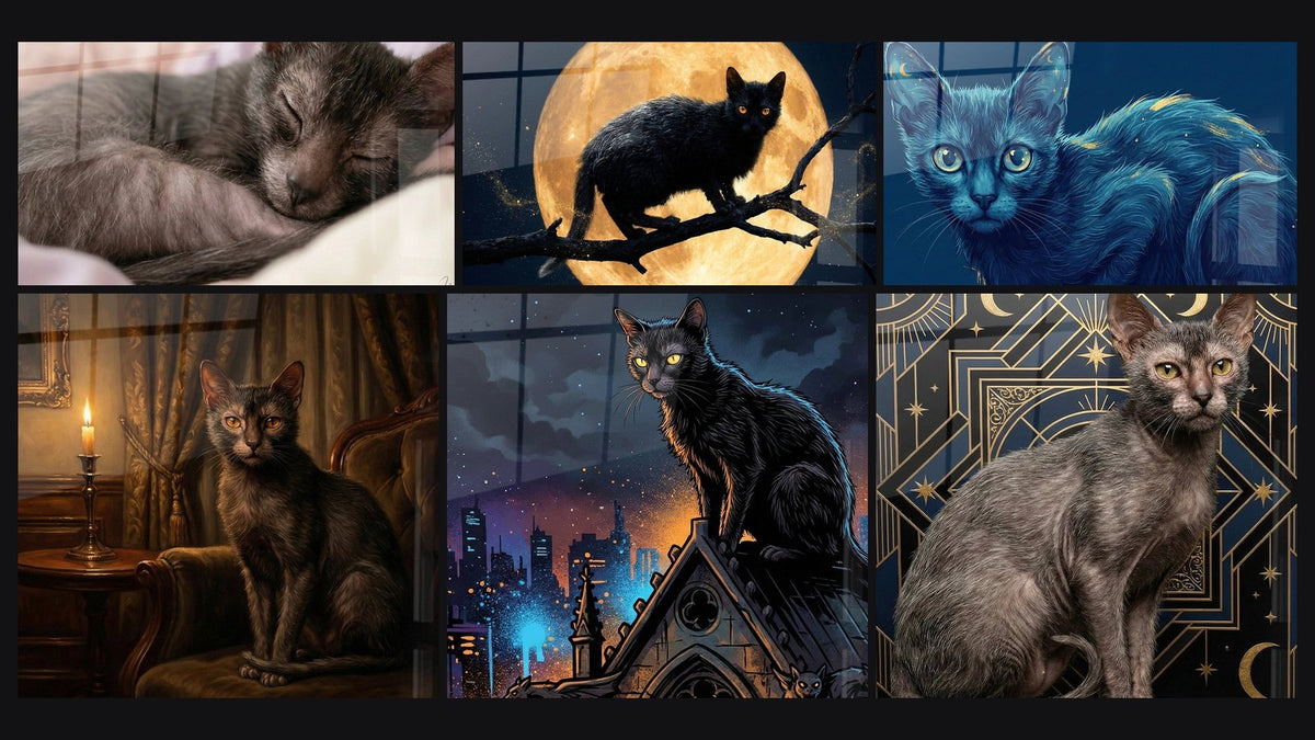 Mosaïque de six tableaux, dont Chat Lykoi endormi, Chat Noir Lune Dorée et Chat Lykoi Aristocrate