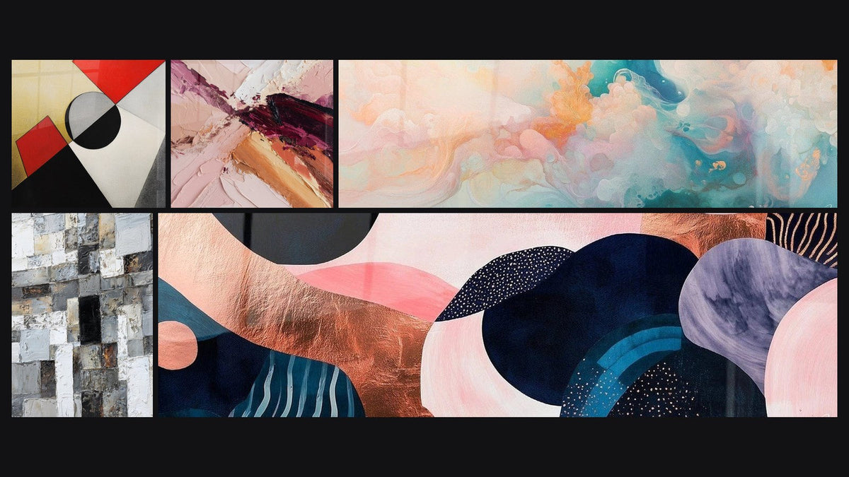 Mosaico de cinco cuadros, entre ellos Formas geométricas de colores, Mosaico Abstracto Gris y Blanco y Nubes Flotantes Rosado