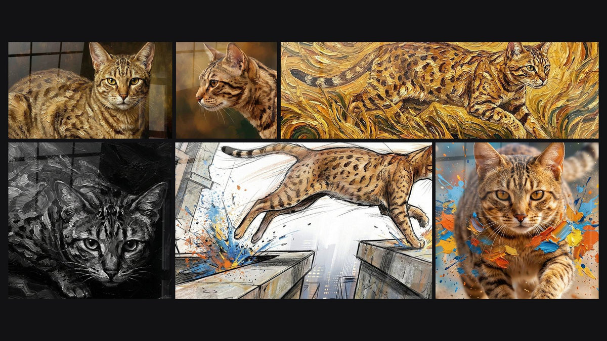 Mosaïque de six tableaux, dont Chat Ocicat Portrait Réaliste, Chat Ocicat Portrait et Chat Ocicat Portrait Noir et Blanc