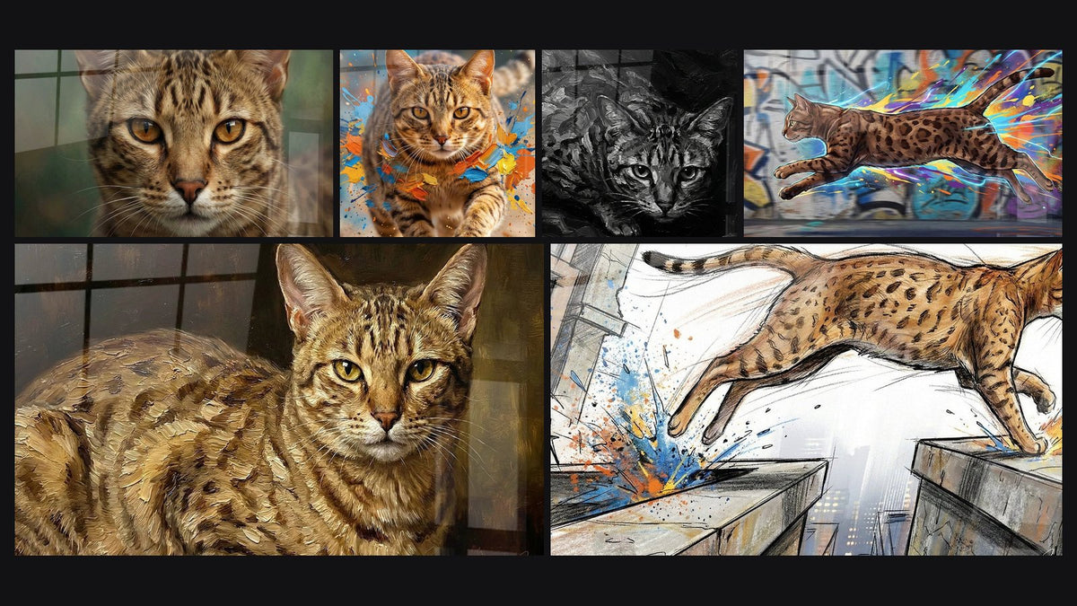 Mosaic of six paintings, including Ocicat Urban Cat and Ocicat Cat Artwork in Motion