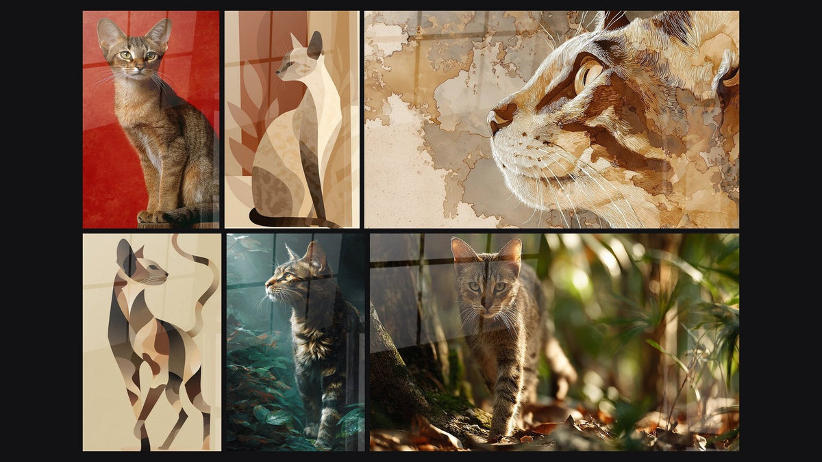 Mosaïque de six tableaux, dont Chat Sokoke Portrait, Chat Géométrique et Chat Sokoke Contemplateur