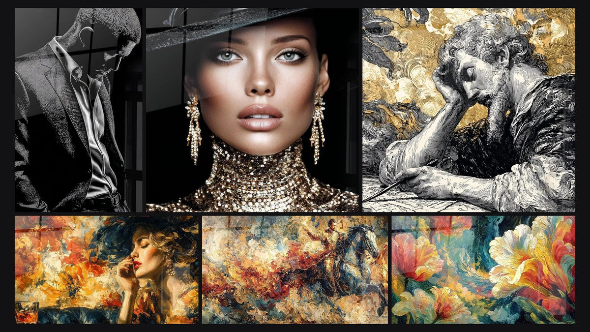 Mosaic of six paintings, including Male Portrait, Parisian Fashion and Angel Chiaroscuro