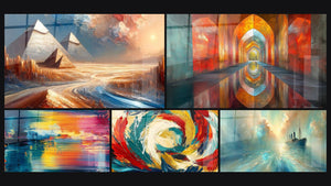Mozaïek van vijf schilderijen, waaronder Mirage Egyptische, Kleurrijk abstract en Glinsterende Gewelven Vermiljoen
