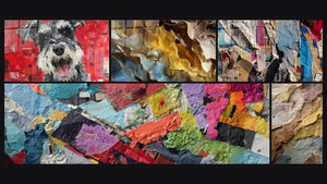 Mosaico de cinco cuadros, entre ellos Schnauzer Gris Sobre Fondo Rojo Collage, Telas rasgadas y Abstracto urbano desgarrado