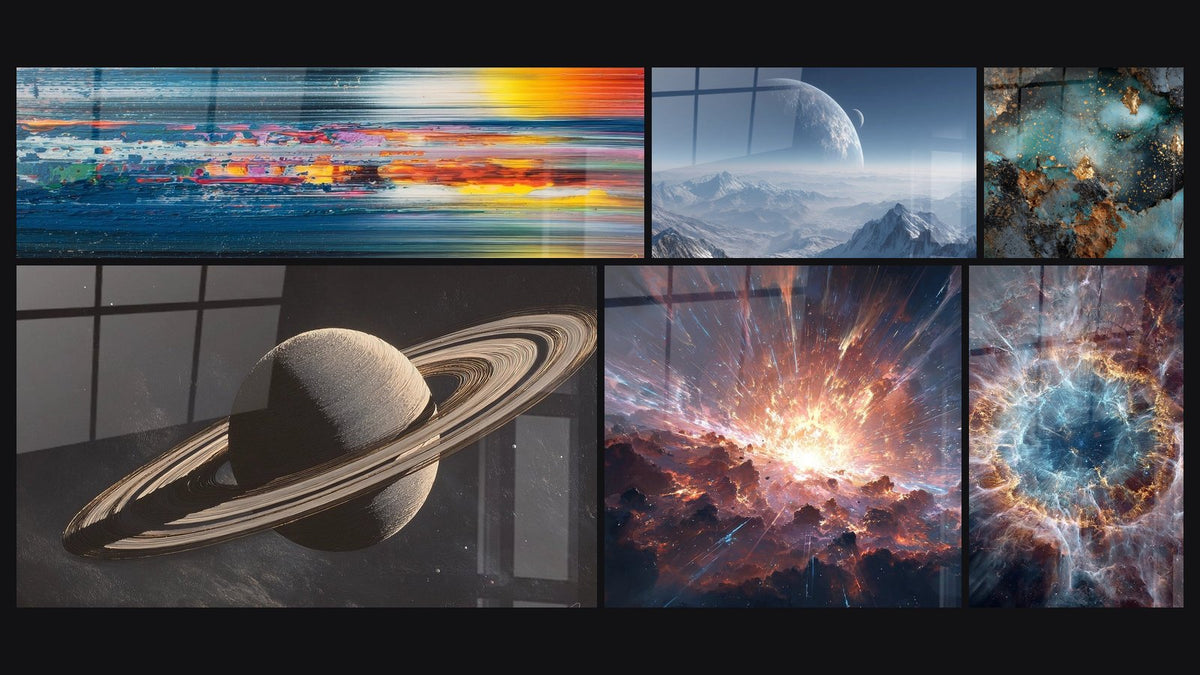 Mosaico de seis cuadros, entre ellos Paisaje abstracto, Saturno y sus anillos y Planeta extraterrestre