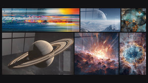 Mozaïek van zes schilderijen, waaronder Saturnus en zijn ringen, Buitenaardse planeet en Abstract sterrenstelsel