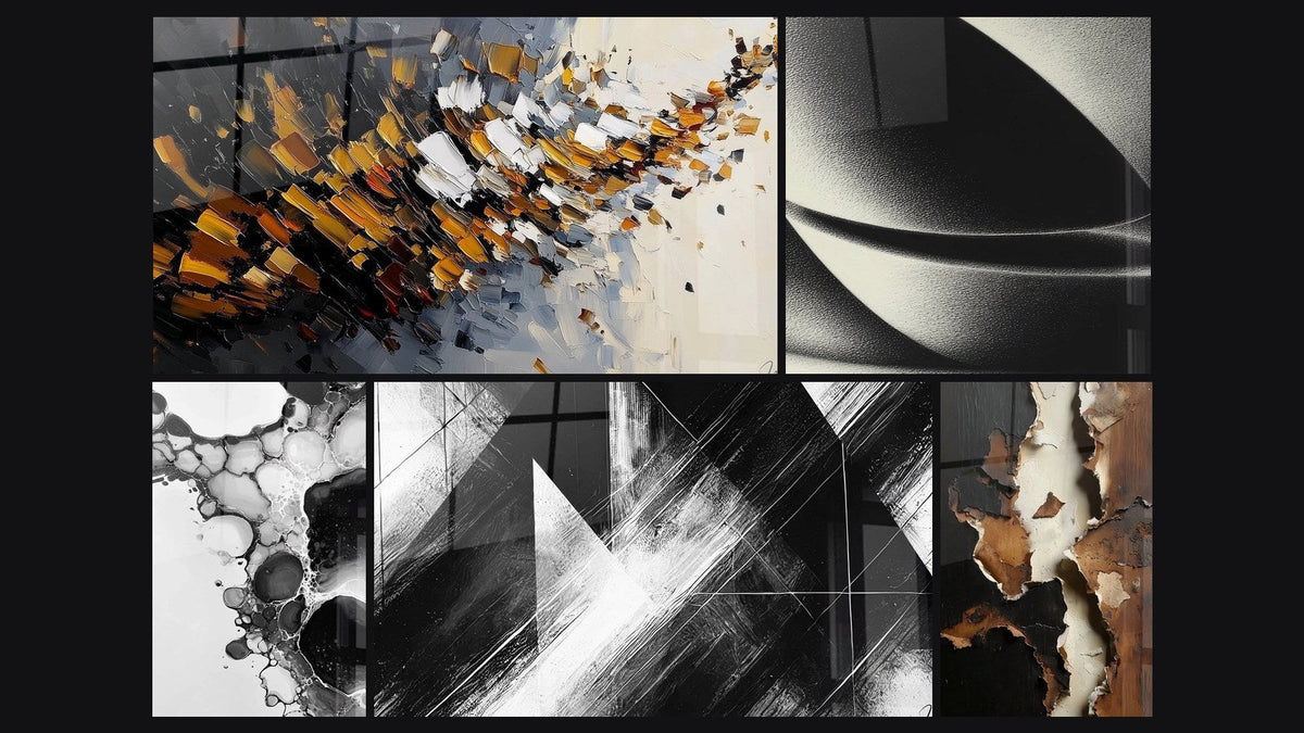 Mosaic of five paintings, including Dynamic explosion, Bubble Abstract and Abstract Sphere