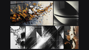 Mozaïek van vijf schilderijen, waaronder Dynamische explosie, Abstracte bol en Convergentiepunten